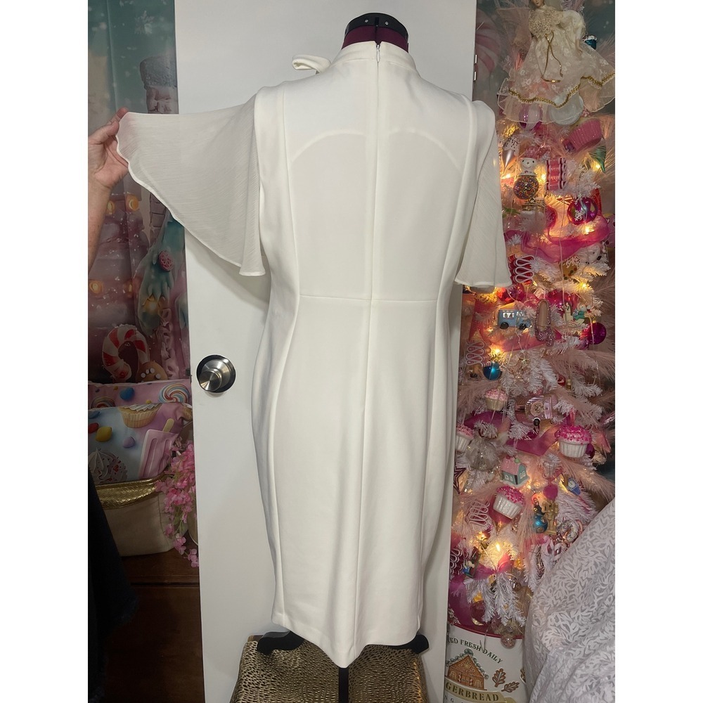 Calvin Klein Sheath Dress Women 16W White Good Tie Neck Flutter Sleeve D3CP2W - Picture 5 of 10